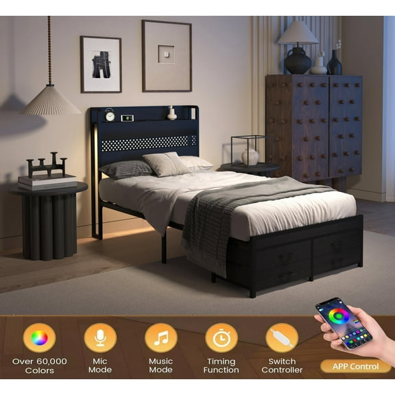 Kumix Twin Bed Frames with Storage Drawers, Metal Bed Frames with Headboard and Under Bed Storage for Teens Adults, Twin Platform Bed for Bedroom, Single Bed Frame, No Box Spring Needed, Black