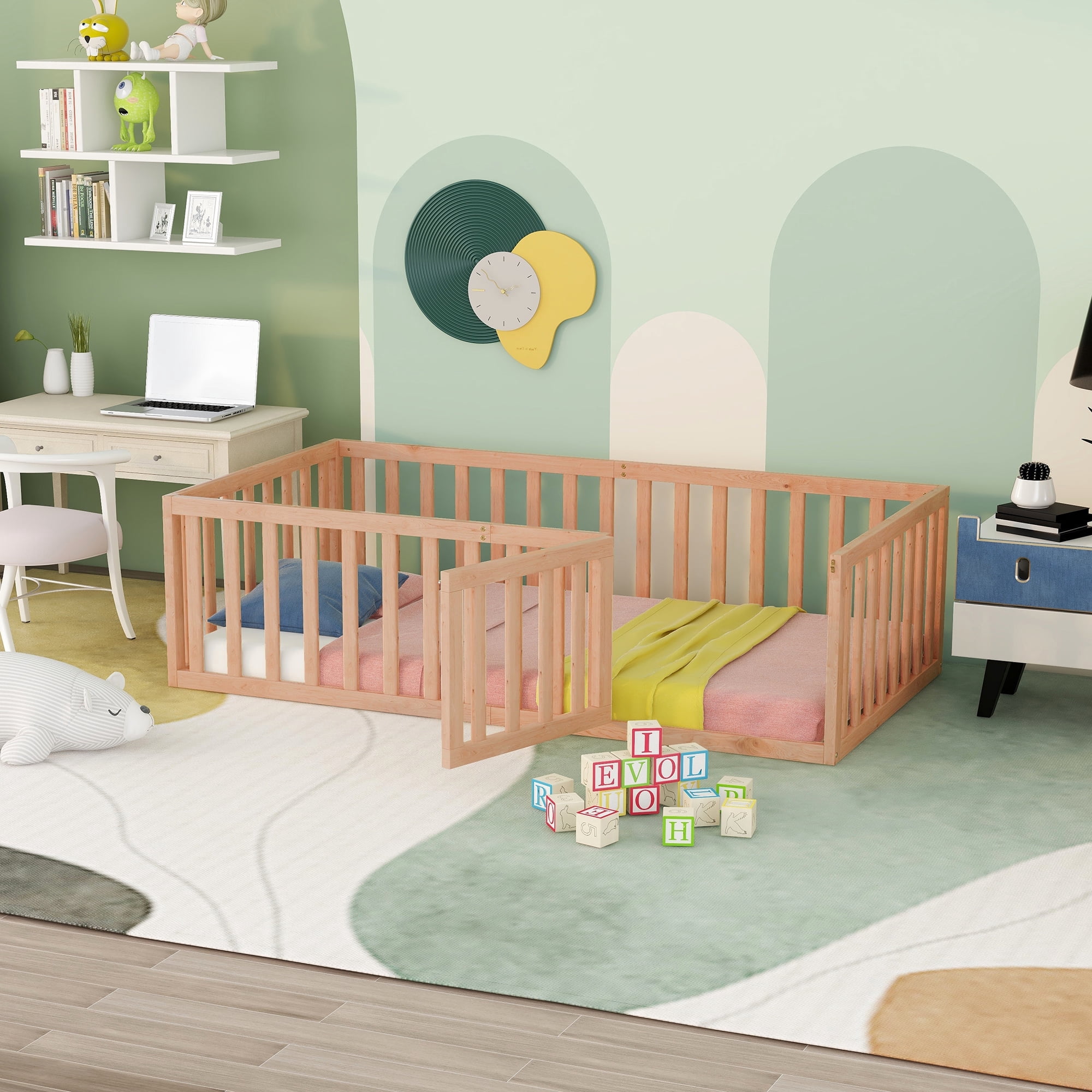 Kumix Twin Floor Bed for with Fence and Door, Wood Floor Bed Frame for 1-3 Aged, Noise-Free Low Floor Bed for Bedroom, Dorm, No Weight Capacity Limit, Easy Assembly, Natural
