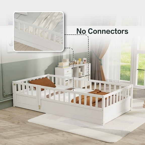 Kumix Twin Floor Bed, Wood Floor Bed with Fence and Door for, Boys/Girls, Floor Bed with Safety Guardrails, Montessori Floor Bed Frame for Bedroom, Easy Assembly, White
