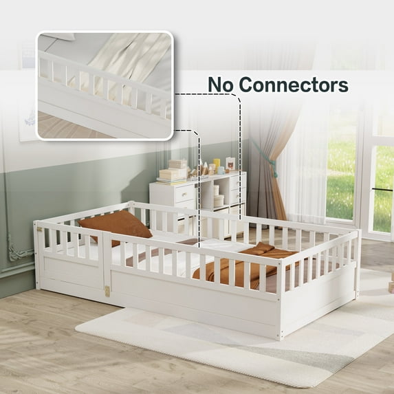 Kumix Twin Floor Bed, Wood Floor Bed with Fence and Door for, Boys/Girls, Floor Bed with Safety Guardrails, Montessori Floor Bed Frame for Bedroom, Easy Assembly, White