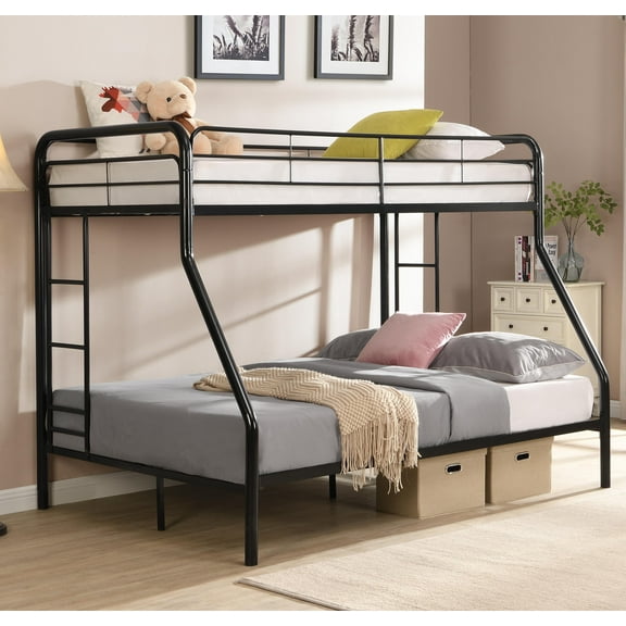 Kumix Twin over Full Bunk Bed, Metal Bunk Bed with Large Under Bed Storage, Full-Length Guardrail and 2 Ladders for Teens Adults, Heavy Duty Bunk Bed for Bedroom, No Box Spring Needed, Black