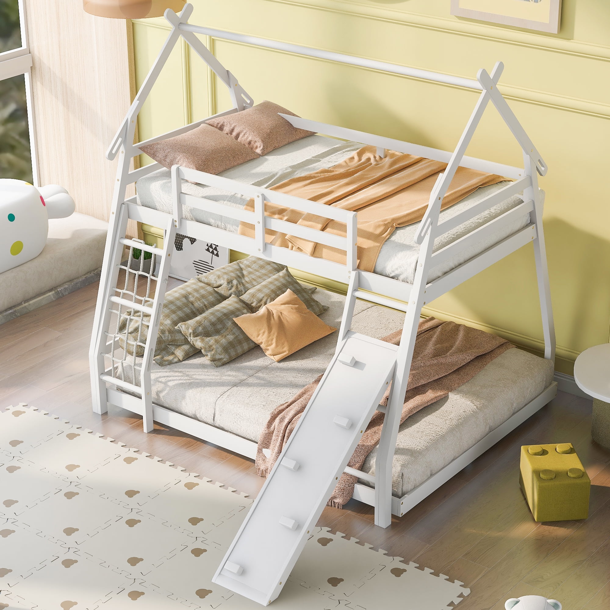 Euroco Twin over Queen Bunk Bed with Climbing Nets and Ramp for Kids Bedroom White