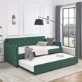 thumbnail image 1 of Kumix Twin Size Daybed with Trundle, Upholstered Tufted Sofa Bed with Waved Shape Arms for Teens Adults Guest, Upholstered Tufted Daybed Frame for Bedroom, Noise-Free, Easy Assembly, Green, 1 of 7
