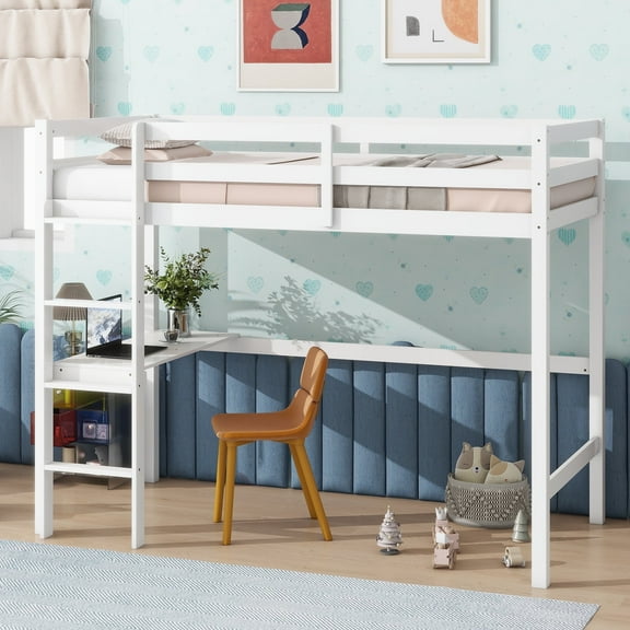 Kumix Twin Size Loft Bed with Desk, Wood Loft Bed with Full Length Guardrail and Build-in Ladder for Teens Adults, Heavy Duty Twin Loft Bed Frame for Bedroom, Noise-Free, Space-Saving, White