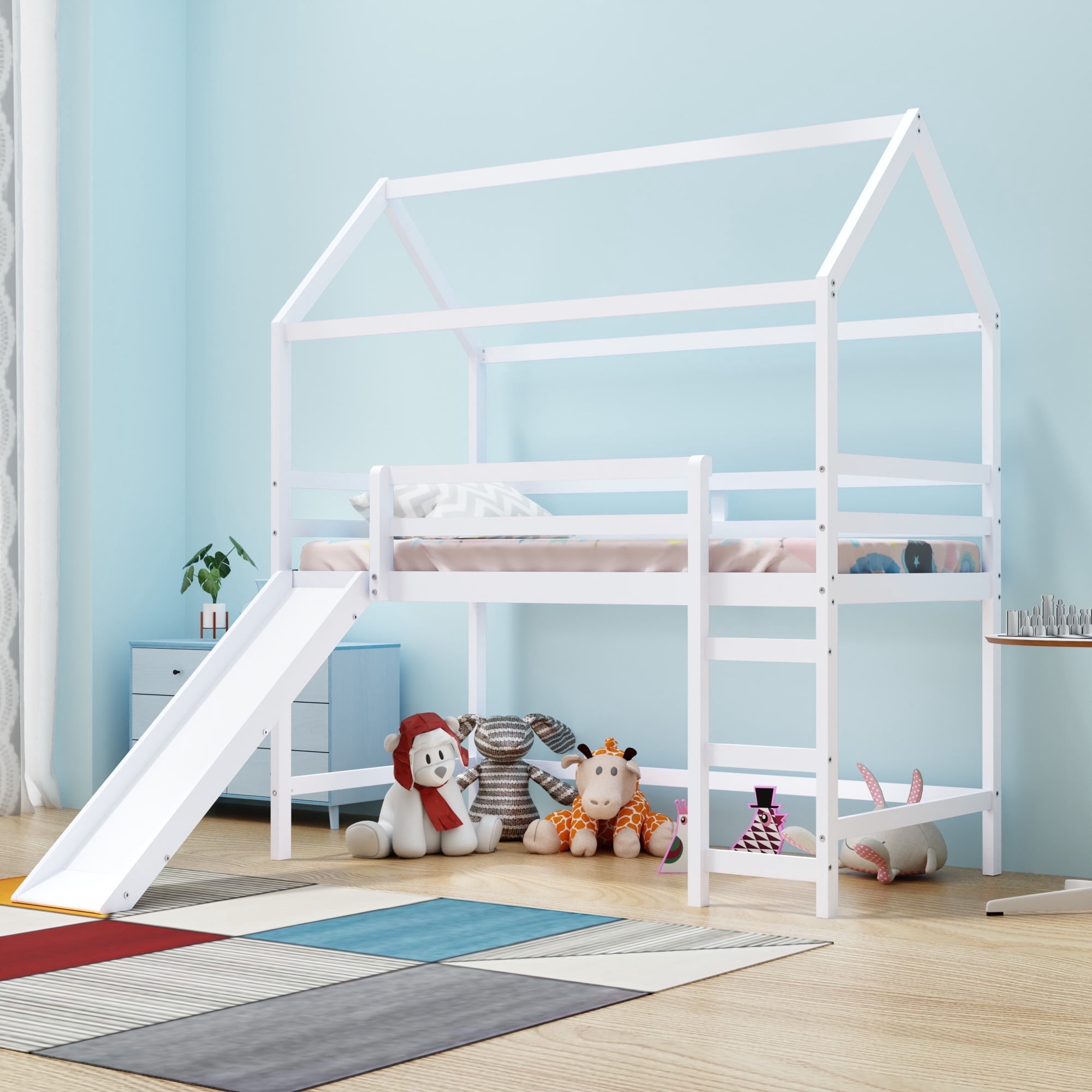 Kumix Twin Size Loft Bed with Slide, House Shaped Solid Wood Loft Bed ...