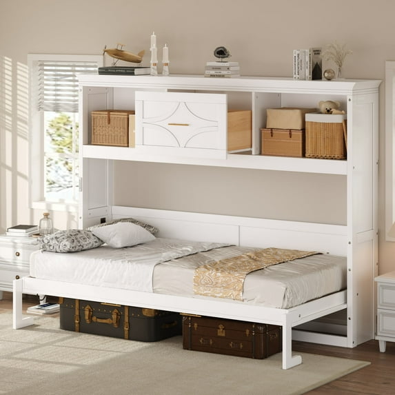 Kumix Twin Size Murphy Bed with Charging Station and a Drawer, Wooden Murphy Bed for Teens Adults, Space-Saving Murphy Bed Frame, White