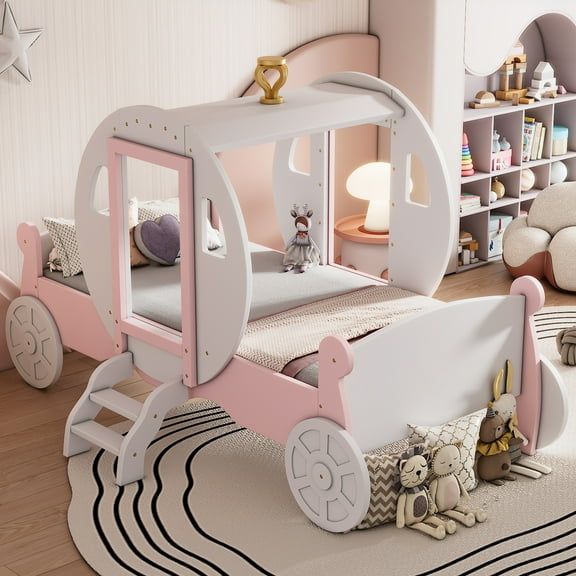 Kumix Twin Size Princess Carriage Bed with Crown, Wood Platform Car Bed with Stair for Boys/Girls,Twin Size Platform Bed for Bedroom, White+Pink