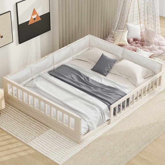DreamBuck Upholstered Full Size Platform Bed with Guardrail and Pillow, Slats Support Wood Floor Bed for Teens Adults Boys/Girls, No Box Spring Needed, Beige
