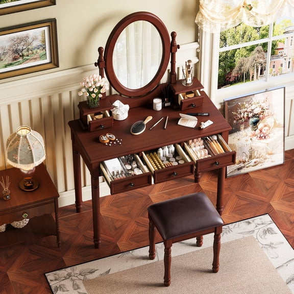 Kumix Vanity Desk with Adjustable Angle Mirror, Vintage Vanity Makeup Table and Cushioned Stool Set with Velvet Fabric Lining 5 Drawers,Wooden Dressing Table Set for Bedroom, Walnut