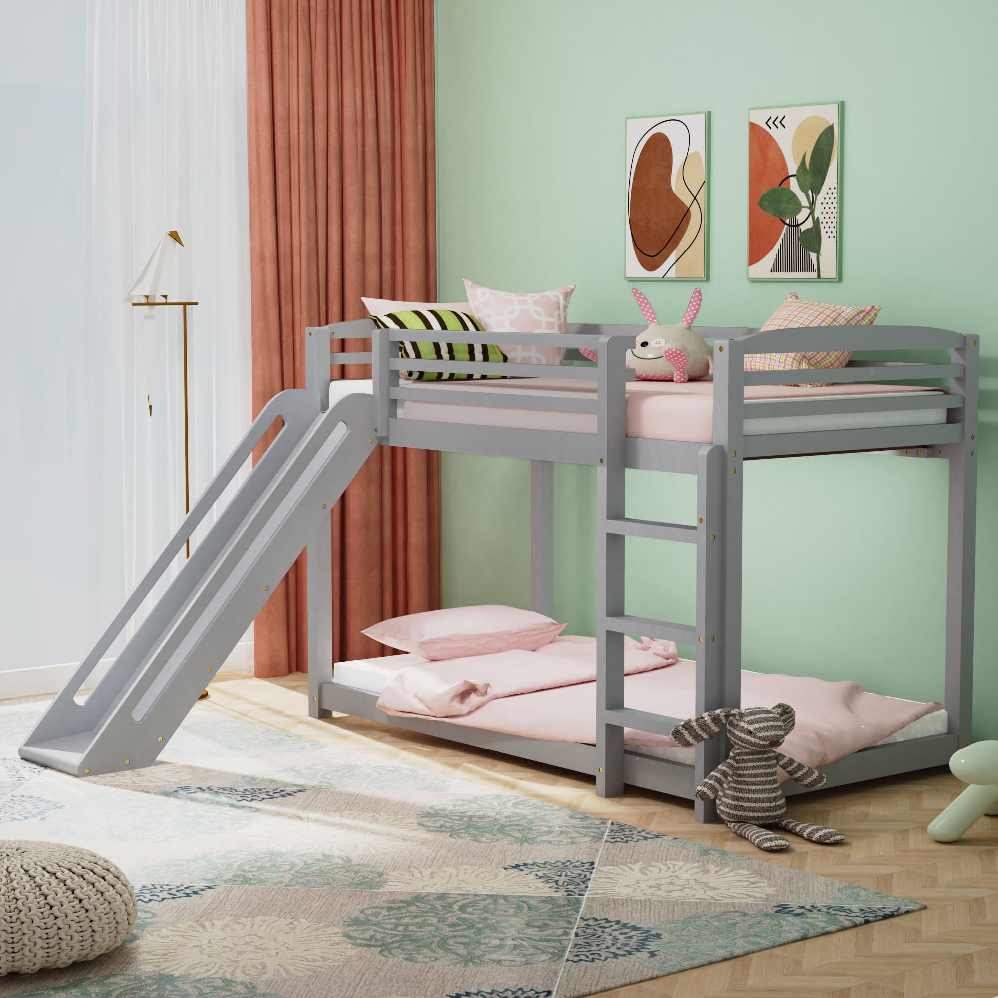 Kumji Twin over Twin Bunk Bed with Slide Wood Bunk Bed for Kids Teens Adults Twin Bunk Bed Frame with Convertible Slide and Ladder Bunk Bed for