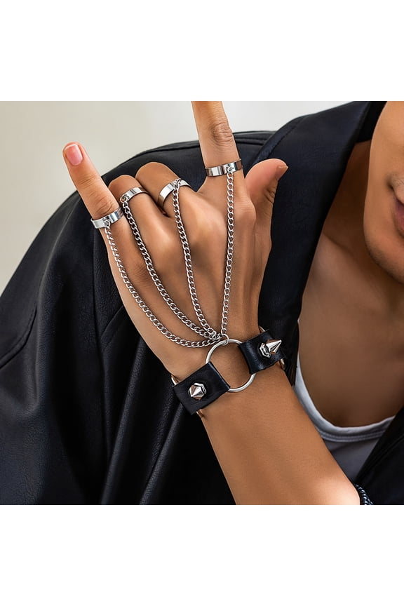 Gothic Rivet Black PU Leather Link Chain Bracelet With Finger Ring for Men Punk Silver Color Cuban Chain Wrist Bracelet