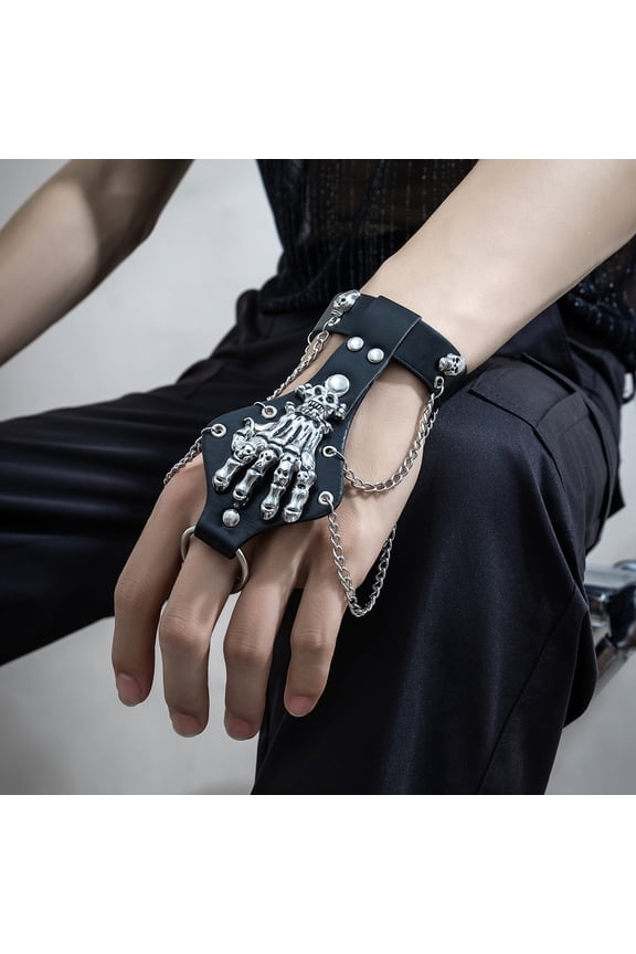 Steampunk Skull Finger PU leather Bracelet For Men Gothic Silver Color Link Chain Bracelets Bangles Rock Halloween