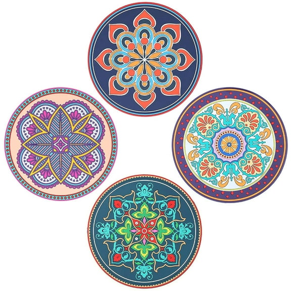 KunMing 4 Pcs Ethnic Style Silicone Trivets, 6.5" Hot Pot Pads, Heat Resistant Kitchen Coasters, Table Decor