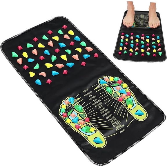 KunMing Reflexology Mat, Acupressure Foot Massage for Foot and Leg, Acupoints and Muscles, Foldable Storage, Black Cloth with Multicolor Stones, 70x35cm