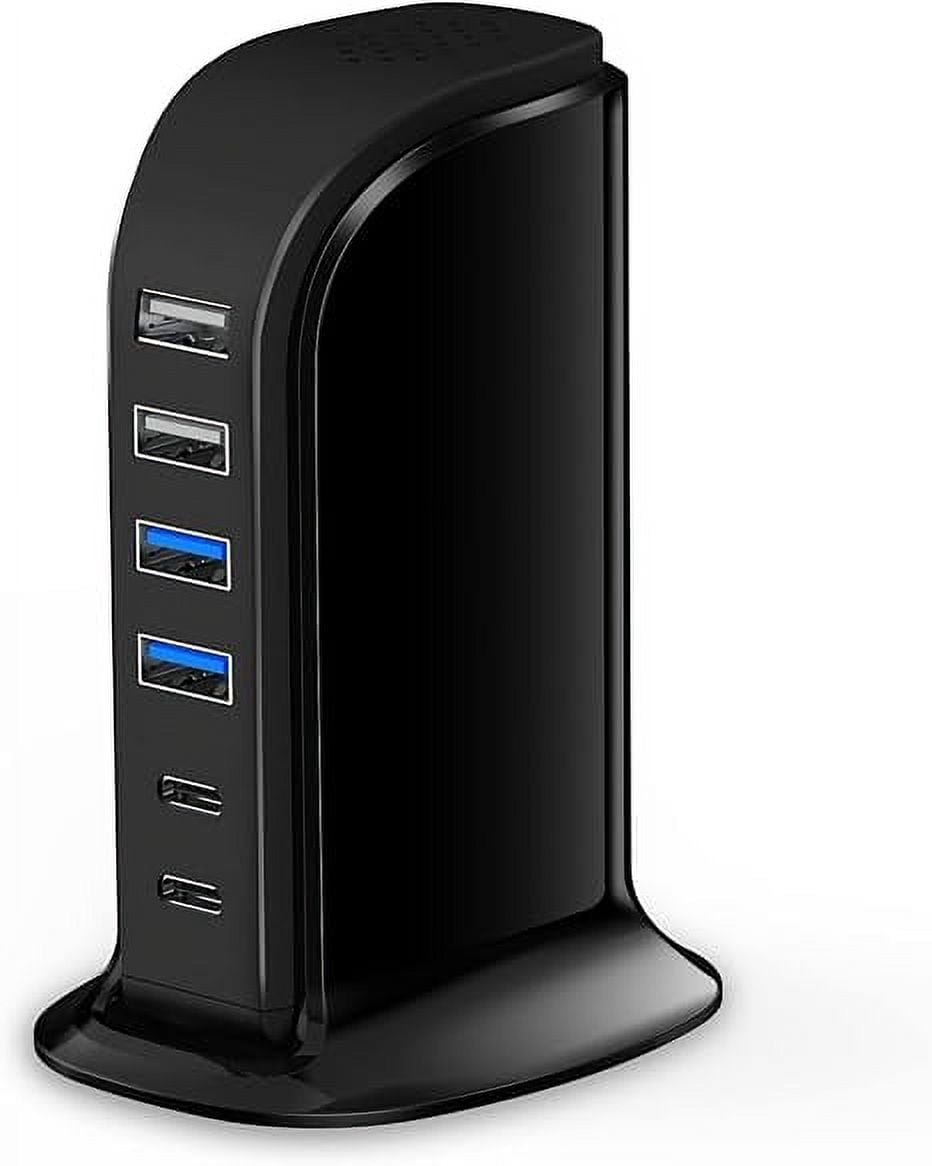Qhkie USB Charging Station for Multiple Devices, 4 USB Ports Multiport Charger Tower, Compatible with Smartphones, Tablets and Other USB Devices (Black)