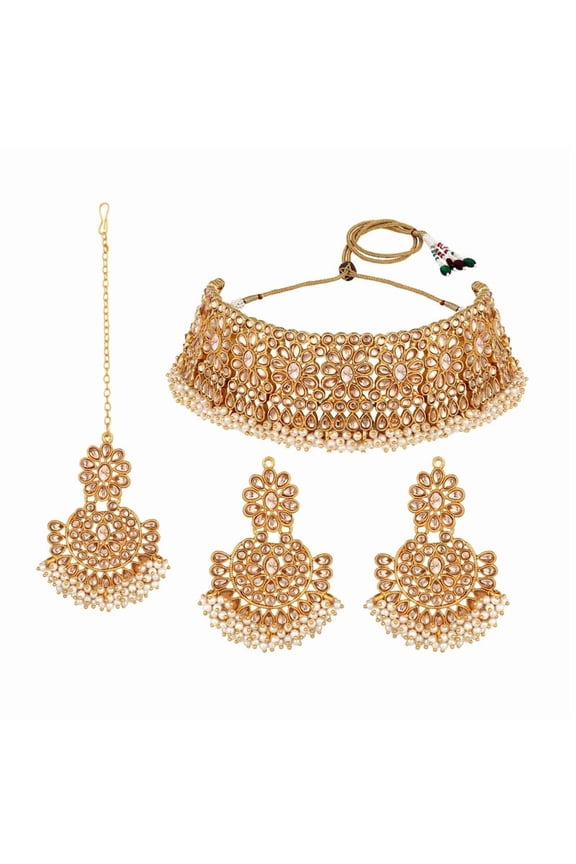 Kundan Bridal Choker Necklace Set, Gold Plated, Includes Earrings, Maang Tikka (Gold)
