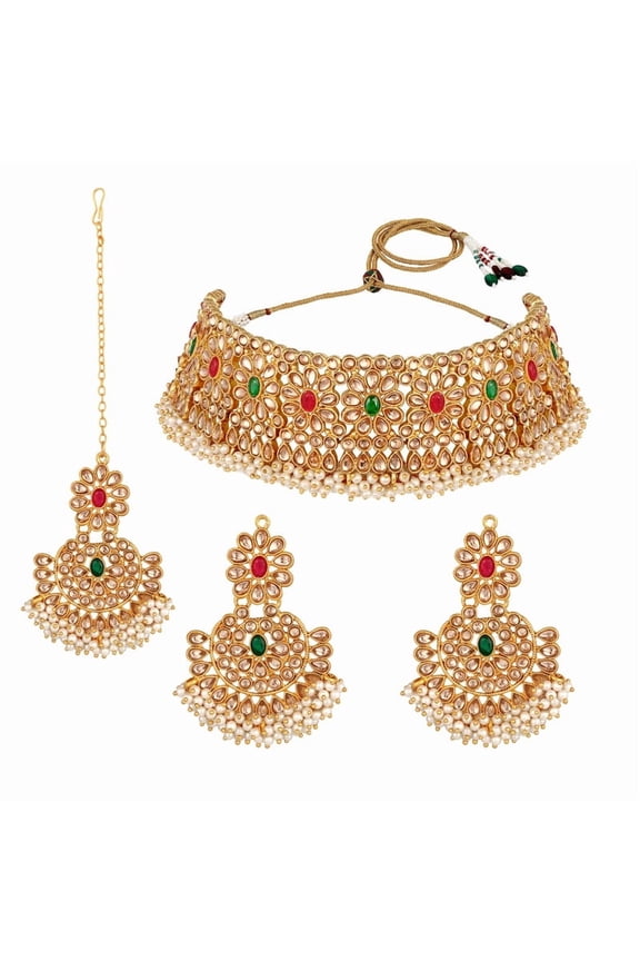 Kundan Bridal Choker Necklace Set, Gold Plated, Includes Earrings, Maang Tikka (Multi)