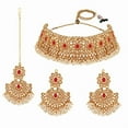 thumbnail image 1 of Kundan Bridal Choker Necklace Set, Gold Plated, Includes Earrings, Maang Tikka (Red), 1 of 2