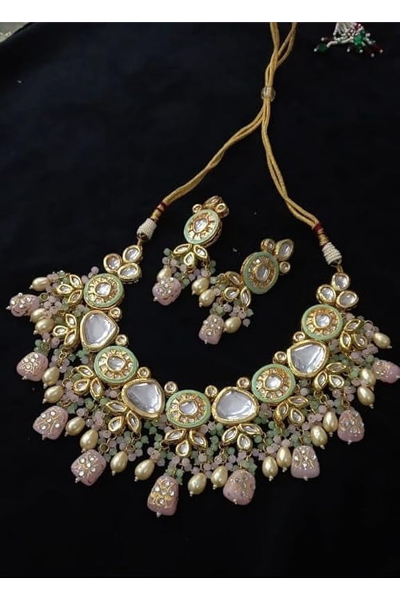 Kundan Designer Kundan Set, Green Kundan Choker, Kundan Bridal Choker Set, Customizable Kundan Bridal Sets, Royal Kundan Sets (Pink)