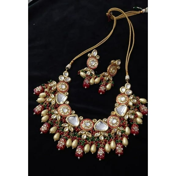 Kundan Designer Kundan Set, Green Kundan Choker, Kundan Bridal Choker Set, Customizable Kundan Bridal Sets, Royal Kundan Sets (Red)