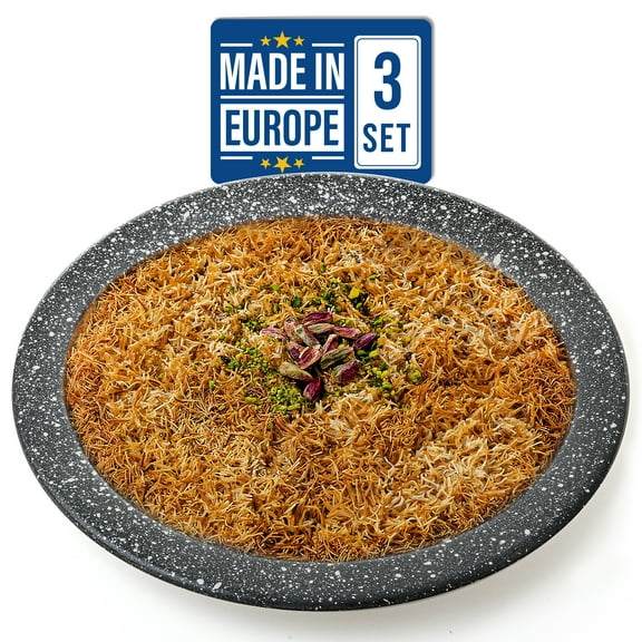 Kunefe Plate, Cooking and Serving Plates for Traditional Turkish Kunafa, Kadaifi, Kunafeh and Shredded Phyllo Kadayif Dough, Non-Stick Granite Dinnerware Tray, Dessert Plate Set of 3 (Medium)