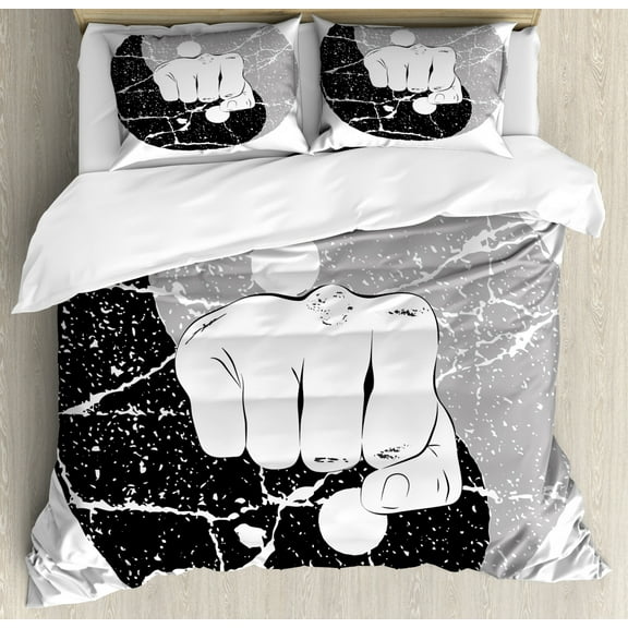 Kung Fu Duvet Cover Set King Size, Fist Symbol in Grunge Design Yin Yang Karate Themed Image, Decorative 3 Piece Bedding Set with 2 Pillow Shams, Charcoal Grey Pale Taupe and White, by Ambesonne