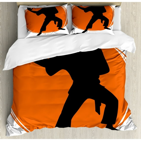 Kung Fu Duvet Cover Set Queen Size, Silhouette Style Karate Posed Man in Uniforms on Round, Decorative 3 Piece Bedding Set with 2 Pillow Shams, Burnt Orange Charcoal Grey and White, by Ambesonne