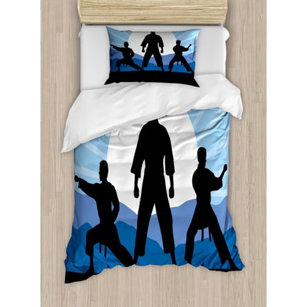 Kung Fu Duvet Cover Set Twin Size, Karate Men Silhouettes on with Sun Rays Mountains, Decorative 2 Piece Bedding Set with 1 Pillow Sham, Charcoal Grey Pale Azure Blue Sea Blue White, by Ambesonne