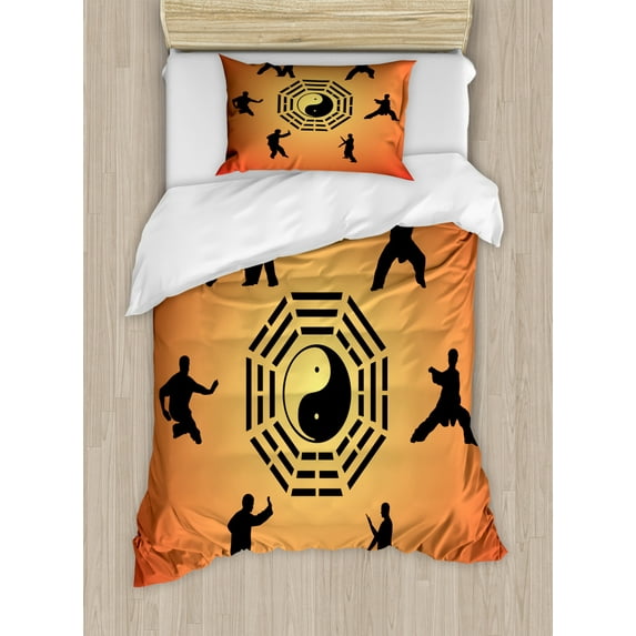 Kung Fu Duvet Cover Set Twin Size, Silhouettes of Karate Poses and Yin Yang Center, Decorative 2 Piece Bedding Set with 1 Pillow Sham, Vermilion Orange Pale Yellow and Charcoal Grey, by Ambesonne
