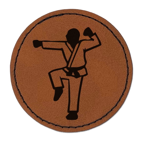 Kung Fu Martial Arts Hang Stance Karate Gi 2.5" Faux Leather Round Engraved Iron-On Patch - Brown