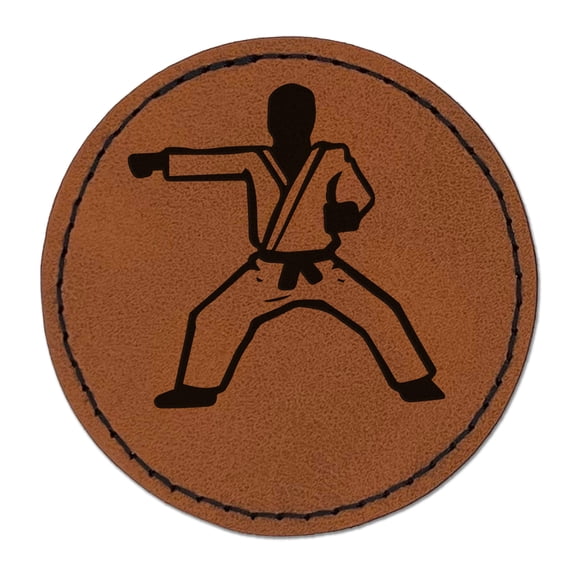 Kung Fu Martial Arts Rider Stance Karate Gi 2.5" Faux Leather Round Engraved Iron-On Patch - Brown