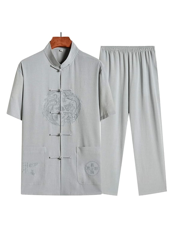 Kung Fu Shirt - Men Tang Suit Tai Chi Uniform Chinese Traditional Clothes,Cotton Linen Hanfu Jacket Kung Fu Clothing Short Sleeved Shirt Coat
