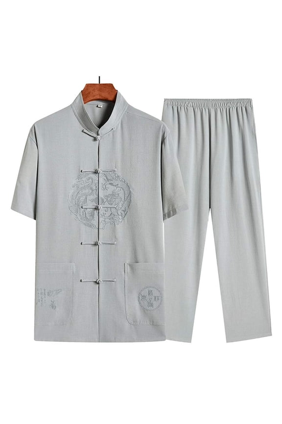 Kung Fu Shirt - Men Tang Suit Tai Chi Uniform Chinese Traditional Clothes,Cotton Linen Hanfu Jacket Kung Fu Clothing Short Sleeved Shirt Coat