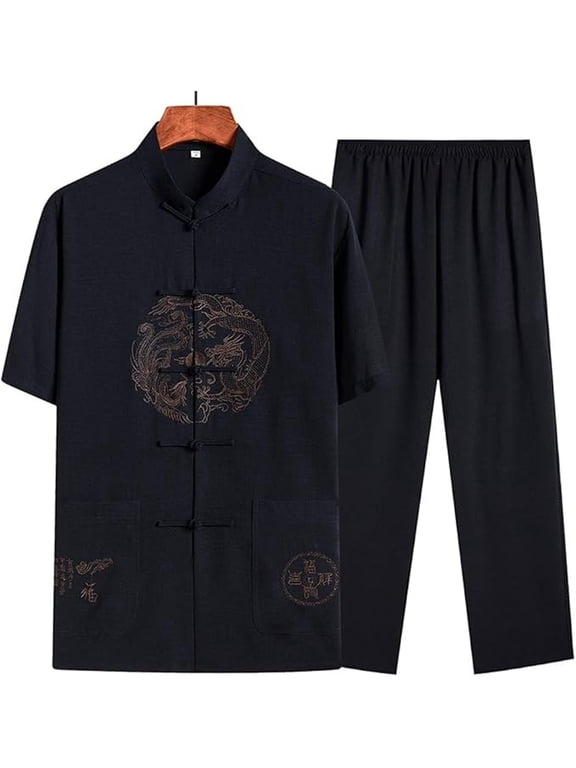 Kung Fu Shirt - Men Tang Suit Tai Chi Uniform Chinese Traditional Clothes,Cotton Linen Hanfu Jacket Kung Fu Clothing Short Sleeved Shirt Coat