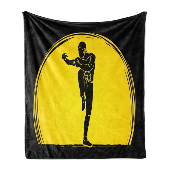 Kung Fu Soft Flannel Fleece Throw Blanket, Bicolour Design Eastern Martial Art Posed Man Silhouette on Moon Round, Cozy Plush for Indoor and Outdoor Use, 50" x 60", Yellow Charcoal Grey, by Ambesonne