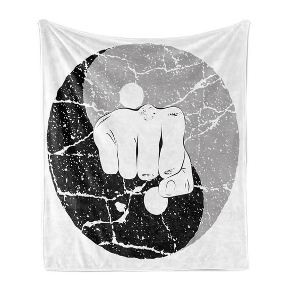 Kung Fu Soft Flannel Fleece Throw Blanket, Fist in Grunge Design Yin Yang Karate Themed Image, Cozy Plush for Indoor and Outdoor Use, 50" x 70", Charcoal Grey Pale Taupe, by Ambesonne