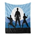 thumbnail image 1 of Kung Fu Soft Flannel Fleece Throw Blanket, Karate Men Silhouettes on Sun Rays Mountains, Cozy Plush for Indoor and Outdoor Use, 60" x 80", Sky Blue Grey, by Ambesonne, 1 of 5