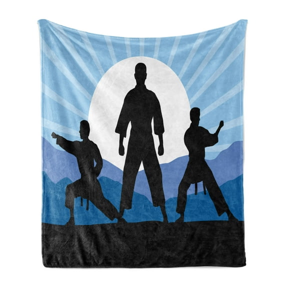 Kung Fu Soft Flannel Fleece Throw Blanket, Karate Men Silhouettes on Sun Rays Mountains, Cozy Plush for Indoor and Outdoor Use, 60" x 80", Sky Blue Grey, by Ambesonne
