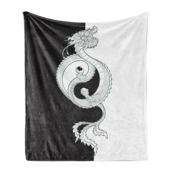 Kung Fu Soft Flannel Fleece Throw Blanket, Oriental Themed Swirling Dragon with Yin Yang, Cozy Plush for Indoor and Outdoor Use, 50" x 70", Grey White, by Ambesonne
