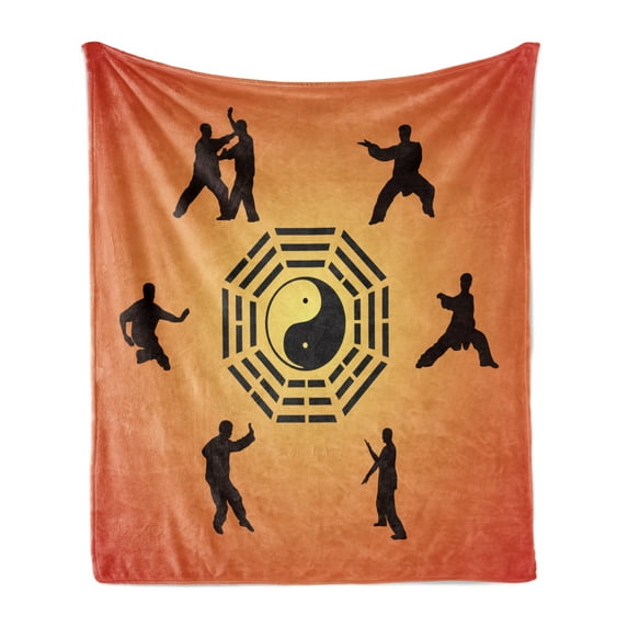 Kung Fu Soft Flannel Fleece Throw Blanket, Silhouettes of Karate Poses and Yin Yang Center, Cozy Plush for Indoor and Outdoor Use, 50" x 70", Seal Brown Peach, by Ambesonne