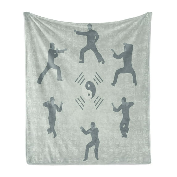 Kung Fu Soft Flannel Fleece Throw Blanket, Yoga and Karate Poses with Japanese and Yin Yang, Cozy Plush for Indoor and Outdoor Use, 70" x 90", Sage Green Charcoal Grey, by Ambesonne