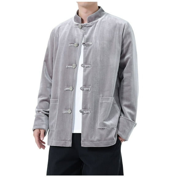 Kung Fu Tang Mens Button Down Velvet Shirts Jacket Long Sleeve Casual Shacket Loose Lightweight Cardigan Outerwear with Pocket
