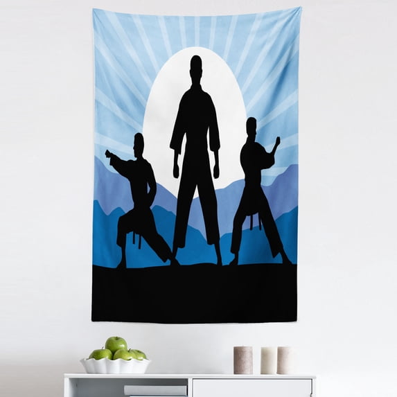 Kung Fu Tapestry, Karate Men Silhouettes on Sun Rays Mountains, Fabric Wall Hanging Decor for Bedroom Living Room Dorm, 5 Sizes, Sky Blue Grey, by Ambesonne