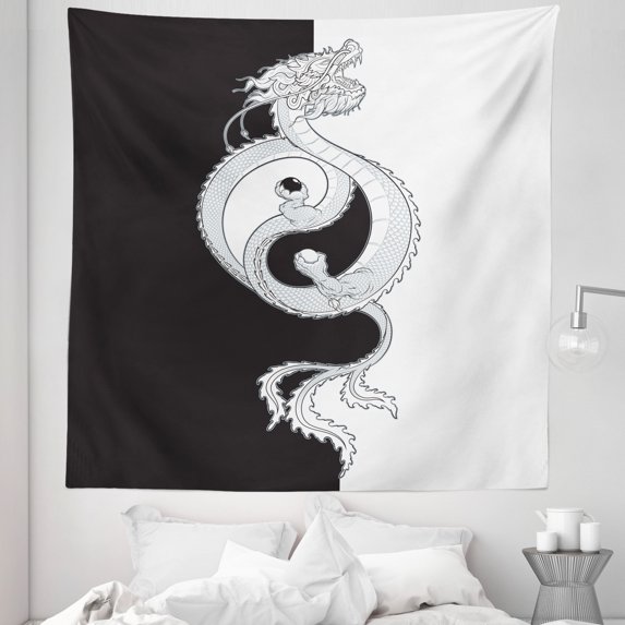 Kung Fu Tapestry, Oriental Themed Swirling Dragon with Yin Yang, Fabric Wall Hanging Decor for Bedroom Living Room Dorm, 5 Sizes, Grey White, by Ambesonne