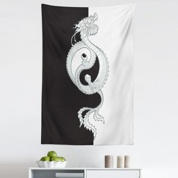 Kung Fu Tapestry, Oriental Themed Swirling Dragon with Yin Yang, Fabric Wall Hanging Decor for Bedroom Living Room Dorm, 5 Sizes, Grey White, by Ambesonne