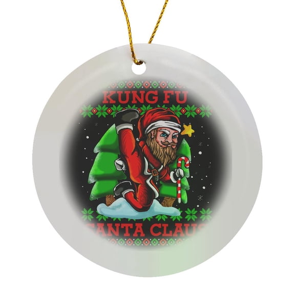3drose, Kung Fu with Santa Caus and Ugly Christmas, Circle Porcelain Ornament