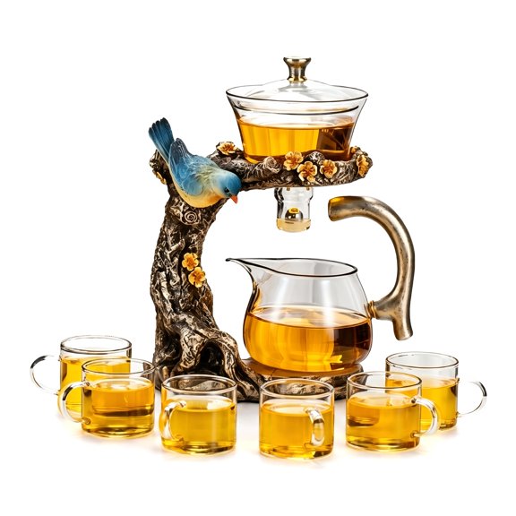 Kungfu Magic Tea Set Glass Magnetic Teapot with Semi-Automatic Water Guide, Heat-Resistant Glass, Infuser & 6 Handle Cups, Ideal Holiday Gift Set