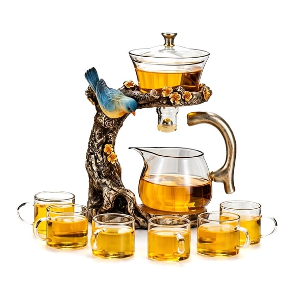 DEDRFUC Kungfu Magic Tea Set – Glass Magnetic Teapot with Semi-Automatic Water Guide, Heat-Resistant Glass, Infuser & 6 Handle Cups, Ideal Holiday Gift Set