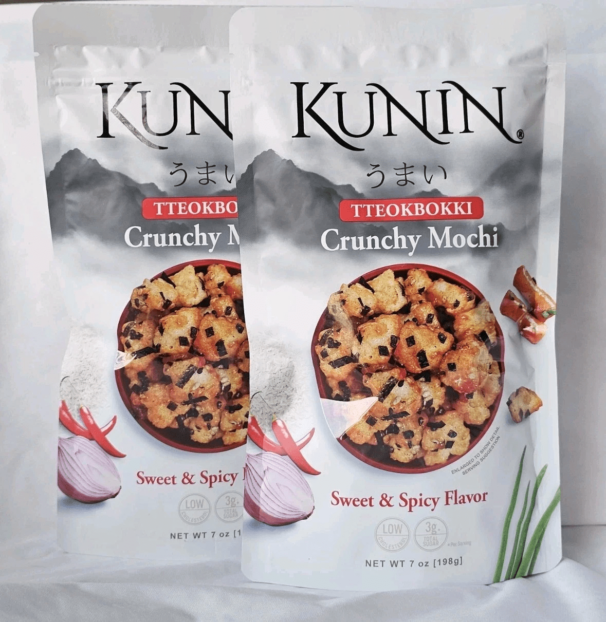 Kunin Tteokbokki Crunchy Mochi Sweet & Spicy Flavor Crackers, 2 Bags