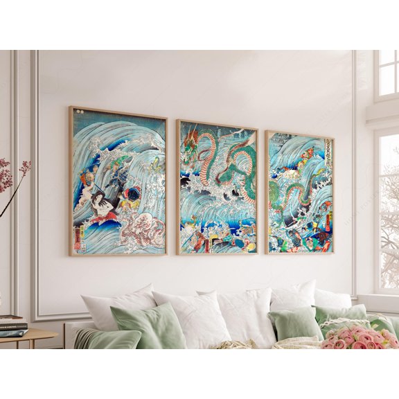 Kuniyoshi Dragon And Tiger Print Set Japanese Triptych Home Decor Office Wall Art Set 3